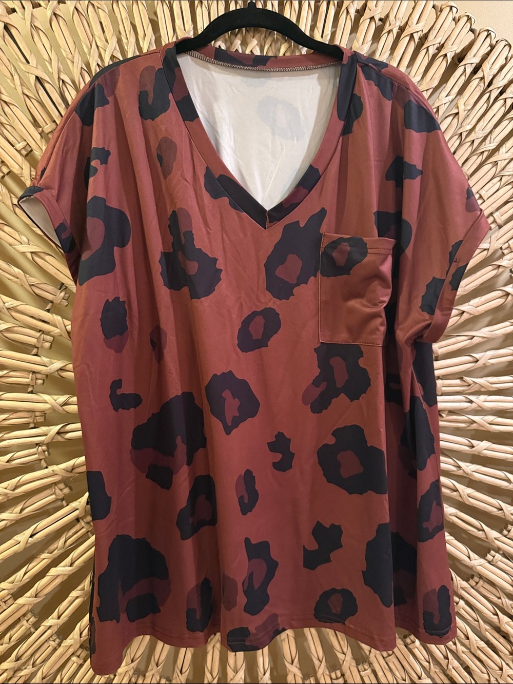 Rust Brown Leopard Print V-Neck Pocket Tee